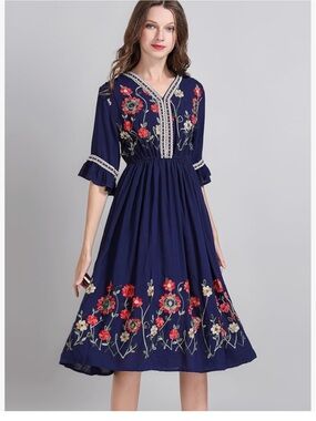 Navy Floral Embroidered Midi Dress with V-Neck